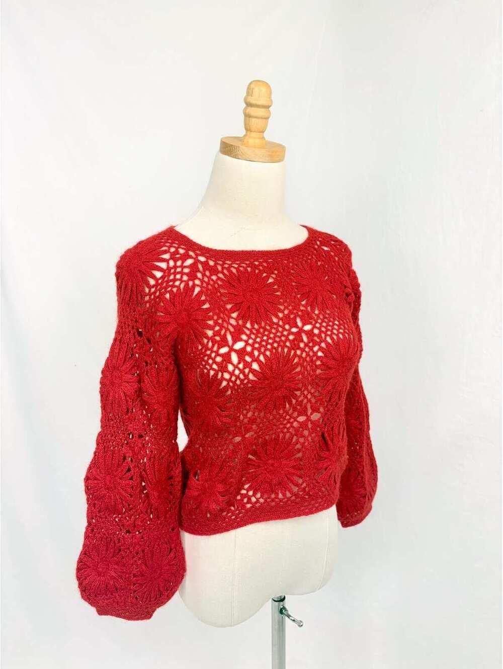 Vintage Handmade Red Granny Square Bishop Sleeve Crochet Sweater Small